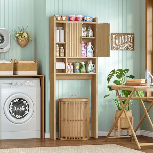 Image of TEENFON Over The Toilet Storage Cabinet with 4 Open Shelves and Adjustable Shelf, Extra Tall Bathroom Organizer Unit with 2 Wood Doors, Home Space Saver for Bathroom, Laundry Room, Natural