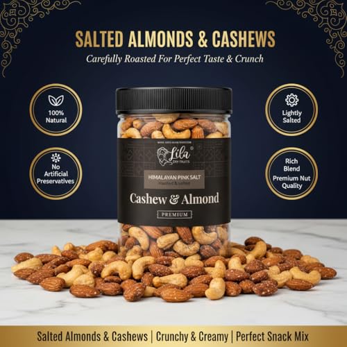 Image of LILA DRY FRUITS Flavoured Cashew Almond Mix 500 G x 2 (1 Kg) Himalayan Pink Salt Flavour Roasted Kaju Badam Crunchy Nuts | Healthy Namkeen Snack for Daily Munching Perfect for Gifting