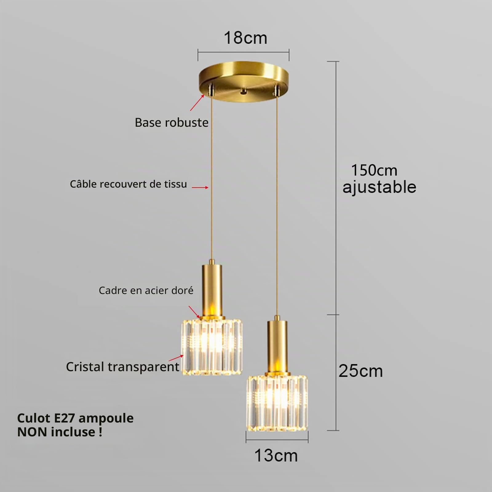 Mini suspension en cristal moderne pour chambre à coucher de salle à manger d'île de cuisine, lampe de plafond en cristal de base d'or suspension (2 lumières)
