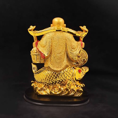 Image of Spillbox Resin Golden Happy man Statue|Laughing Buddha|Feng Shui|Show Piece|Gift Item |Vastu|Decorative Showpiece for Home Decor|Office Desk Table (Happy Man Fish for Health)