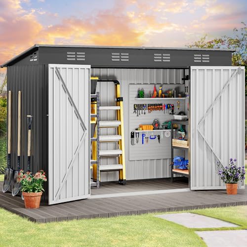 Image of DWVO 9x4ft Large Tool Storage Shed with Lockable Doors, and Sloped Roof, Oversized Steel Outdoor Storage Shed for Garden, Patio, Garage, Backyard, Lawn - Dark Gray