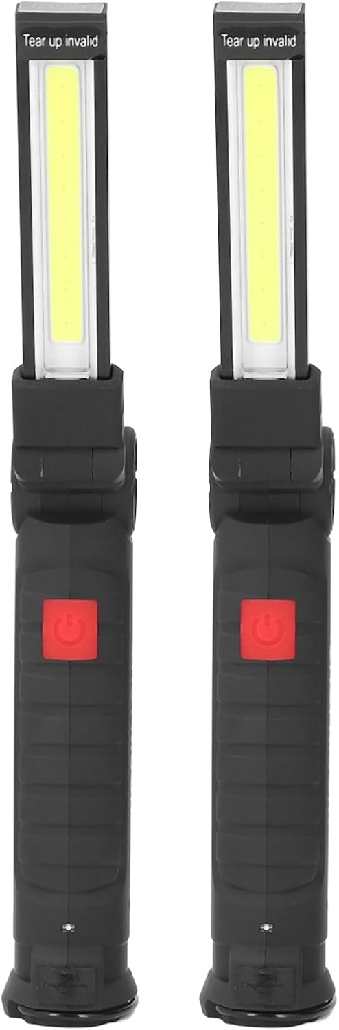 Two Eujgoov LED work lights unfolded, showing the main COB light panel and the red power button