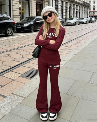 Image of OLMRJKD Girls 2 Piece Outfits Long Sleeve Letter Printed Sweatshirt & Flared Pants Fall Clothing Set Size 7-14 Years