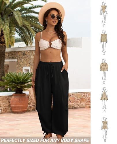 Image of Women's Linen Balloon Barrel Beach Pants Boho Harem Flowy Drawstring Casual Loose Pants with Pockets