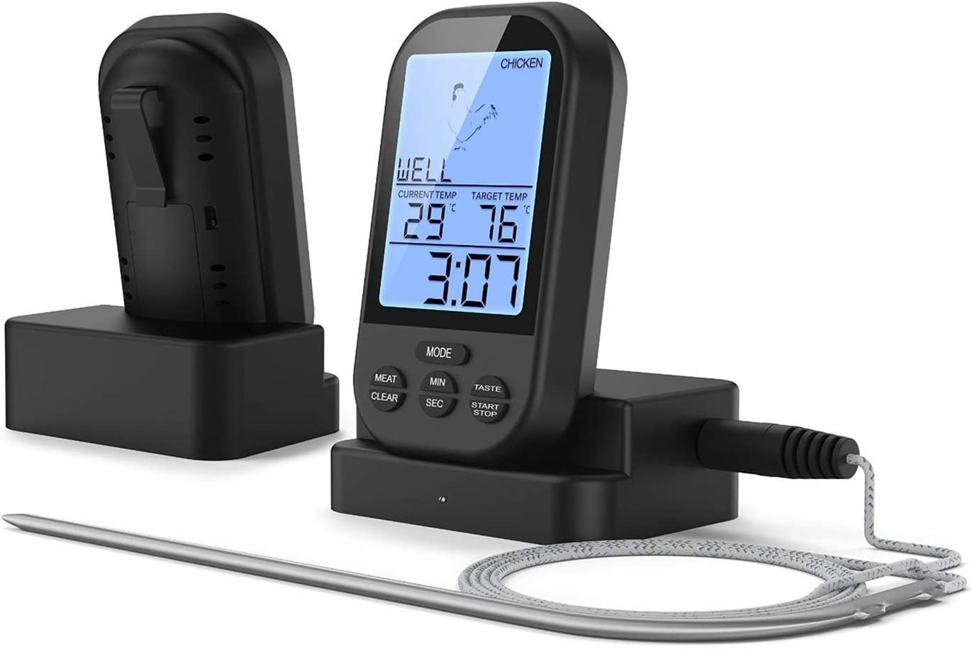 Termómetro de Carne, termómetro de Carne inalámbrica for la Parrilla con termómetro de cocción de Alimentos Digitales de sonda Dual for Fumador Barbacoa Termómetro de Parrilla
