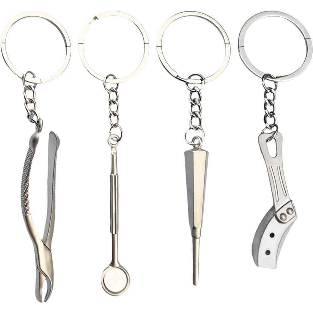 Fituenly 4pcs Novelty Dentist Keyring Dental Keychain Dentist Decoration Pendant Metal Teeth Keychain Charm Dental Clinic Gift