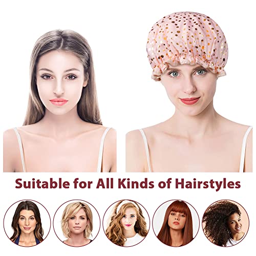 AOOWU Satin Duschhaube, 2 Stück Wasserdichte Elastische Shower Cap, Wiederverwendbare Doppellagige Schlafhaube für Locken Damen und Mädchen Zuhause Hotel Reisen(Rosa+Grün)