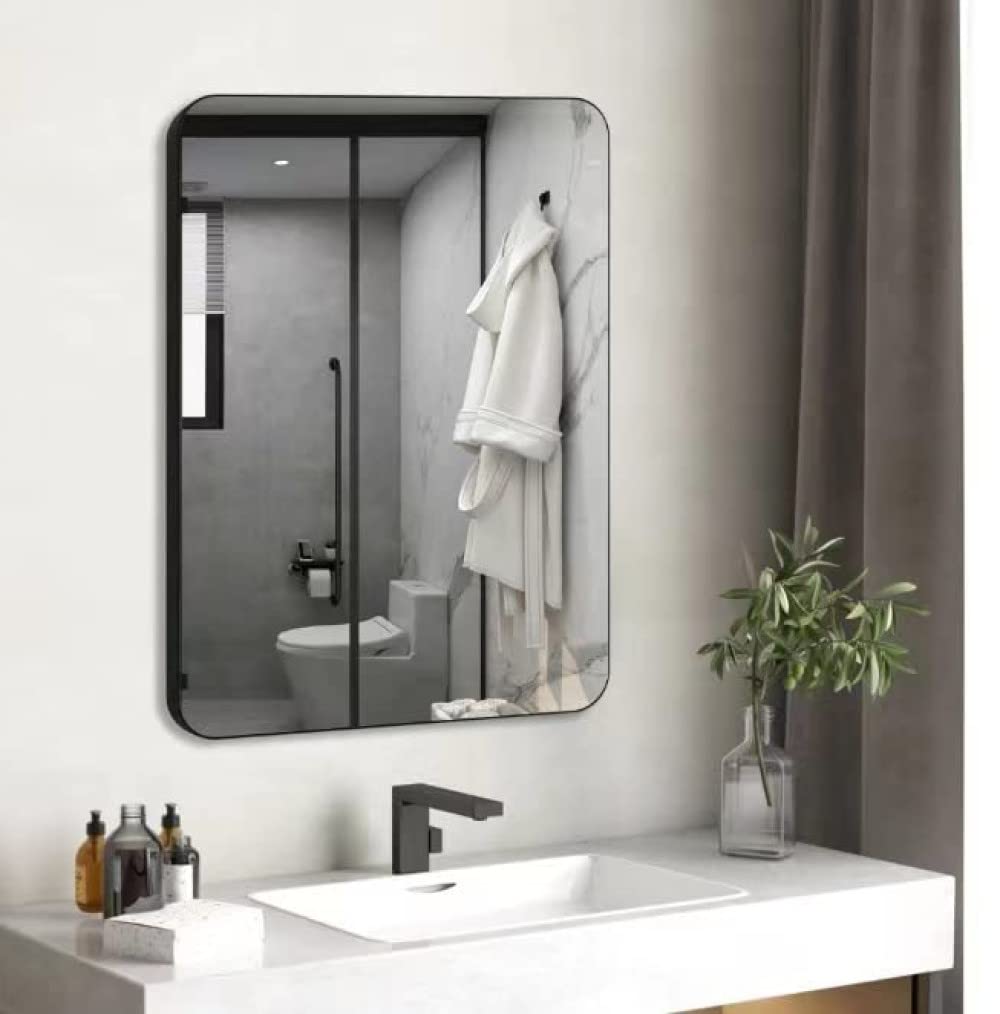 Vlsrka 31x24 Inch Bathroom Mirror, Black Metal Frame Wall Mirror with Rounded Corner in Aluminum, Rectangle Glass Panel Wall Mounted Mirror for Living Room, Hallway, Hangs Horizontally or Vertically