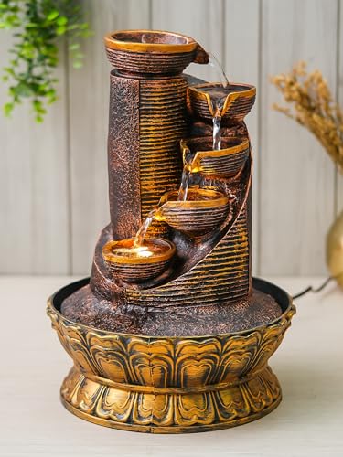 Image of CHRONIKLE Polyresin Antique Designer Table Top Indoor 5 Artistic Steps Waterfall Fountain with Yellow LED Lights & Water Flow Controller Pump (Size: 41 x 25 x 25 CM | Weight: 1980 gram | Color: Multi)