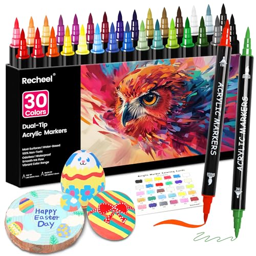Recheel 30 Colors Acrylic Paint Markers, Dual Tip Fine and Brush Tips for Detailed Art, Crafting, Rock Painting, Wood, Glass, Ceramic, and More