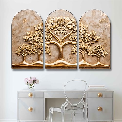 Image of Livin'luxe Golden Tree of Life Wall Painting - 3 Panel Modern Art Luxury Nature-Inspired Wall Decor for Living Room, Bedroom, Office & Meditation Spaces 30 x 50 Inch