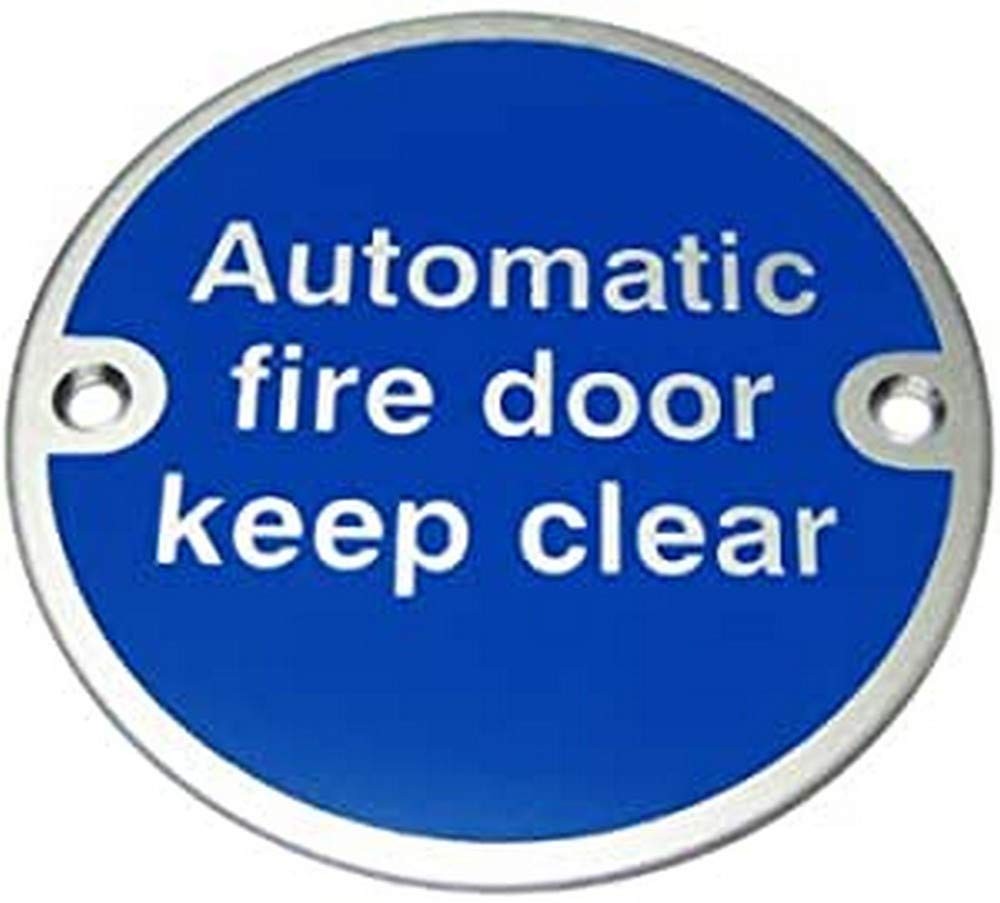 Uk Safety Store Automatic Fire Door Keep Clear Sign 75Mm Diameter - Satin Anodised Aluminium (Arc.68a)
