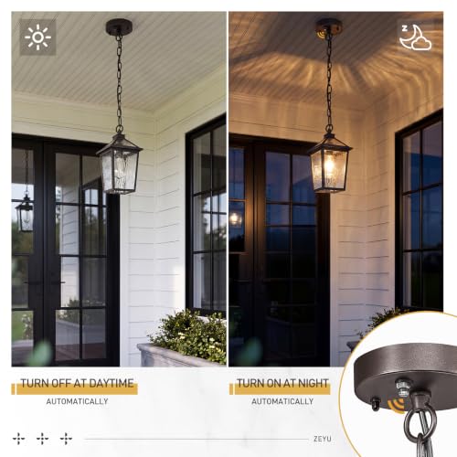 Image of zeyu 12 Inch Dusk to Dawn Outdoor Hanging Light, Outside Hanging Light for Patio, Die-Cast Aluminum with Water Ripple Glass, Oil Rubbed Bronze Finish, ZX58H-PC ORB-SW