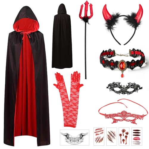 Ligtmor Capa Vampiro, Disfraz Demonio Mujer, Disfraces de Terror Para Adultos, Capa de con Bastón del Diablo, Diadema y Collar Para Fiesta de Halloween
