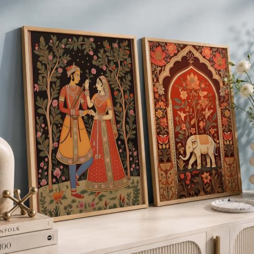 Image of kotart Traditional Indian Wall Art Painting Set of 2 | Rajasthani Folk Couple & Elephant Floral Design | MDF Wooden Framed Wall Decor for Living Room, Bedroom & Home (Art 1, 25x37 Inch)