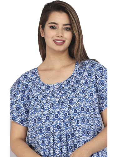Image of Kuruti B Sheets Cotton Nighty for Women Jaipuri Print 2 Button Round Neck Short Sleeve Night Gown | Maxi Dress