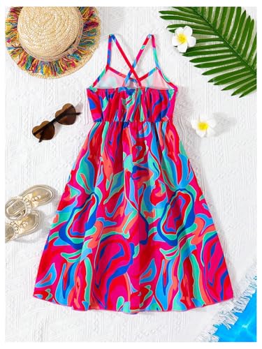 Girl's Boho Crisscross Strap Summer Sundress Graphic Sleeveless Ruffle Hem Swing Cami Dress2