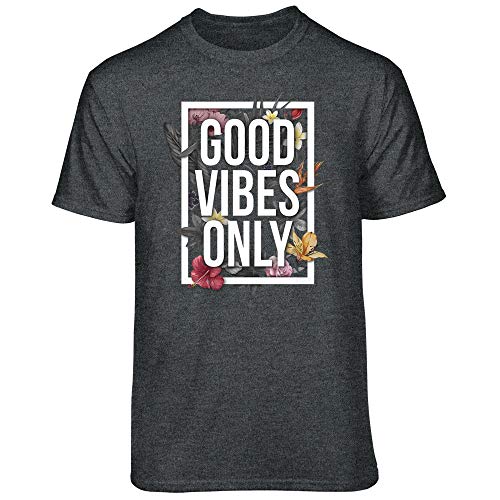 Teelocity Good Vibes Only Floral Graphic T-Shirt (Large - Standard Fit, Charcoal Heather)