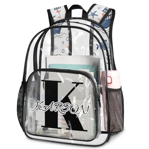 Personalized Large Clear Backpack Stadium Approved Heavy Duty PVC Plastic Custom Beach Coastal Transparent Backpacks See Through Bag with Name, Ocean Theme