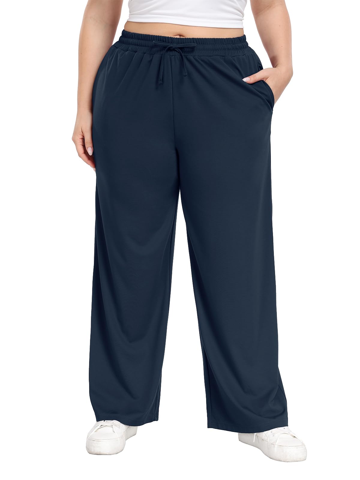 Lastshe Women's Plus Size Pants Elastic Waist Casual Wide Leg Knit Pajama Drawstring Pull On Lounge Straight Trousers