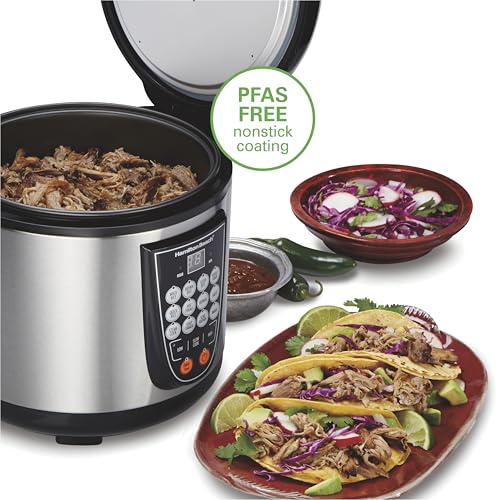 Image of Hamilton Beach Digital Programmable Rice and Slow Cooker & Food Steamer, 20 Cups Cooked (10 Cups Uncooked), 14 Pre-Programmed Settings for Sear Saute, Hot Cereal, Soup, Nonstick Pot, Stainless Steel (37571MN)
