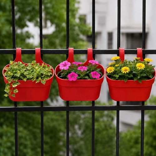 Image of Go Hooked 12 Inch Plastic Railing Hanging Planter Pot Set of 3 | Rectangular Flower Pots with Double Hook for Garden Fence Balcony Indoor Outdoor Home Decor | Durable Plant Container (Red)