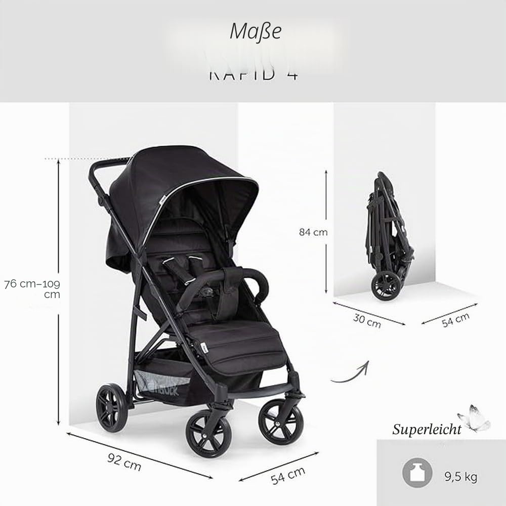 Hauck Buggy Rapid 4 bis 25 kg, Kinderbuggy Klein Zusammenklappbar, mit Liegefunktion, Höhenverstellbar, Großer Korb, Schwarz