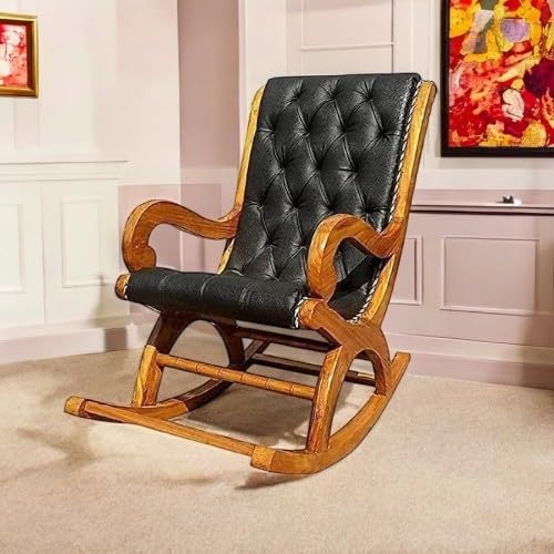 Image of Solid Sheesham Wood Rocking Chair for Living Room | Ergonomic Resting Chair for Relaxing and Pregnant Women (Black)