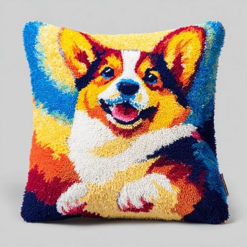 AxiangziK Kit De Gancho De Para Adultos,perro Corgi 43x43cm Almohada Preimpresa,Kit De Gancho Y Pestillo Para Alfombra,Funda De Cojín Para Decoración Del Sofá