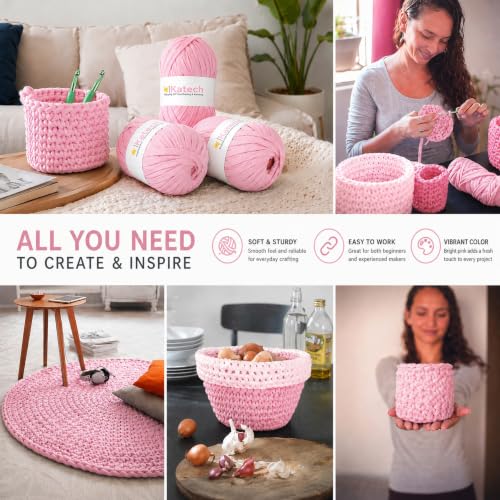 Image of Katech 400g T Shirt Yarn for Crocheting, Elastic Fabric Yarn for Bag-Pink