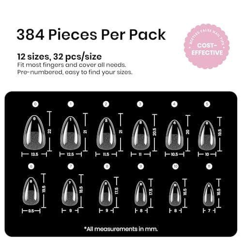 Image of Beetles Gel Nail Tips Etch-X- Almond Short, 384pcs 12 Sizes Pre-Etched | Half Matte Full Cover Soft Gel Nail Tips, Press on False Nail Extension Acrylic Fake Nails, Easy DIY Salon Art