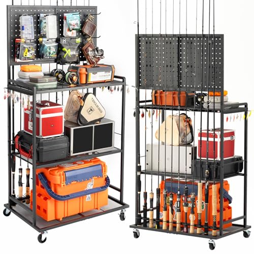 Image of SOYEEZE Fishing Rod Holders for Garage, Fishing Pole Holder Up to 12 Rods with Pegboard and Hooks,Rolling Fishing Cart with Wheels, Fishing Gear Storage For Tackle Box & Reel Organization-4 Side Fence