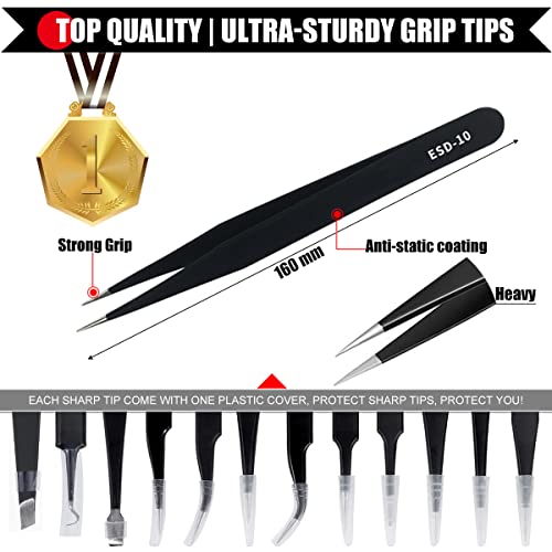 Antonki 12 Pack Precision Tweezers Set for Craft, Soldering, Jewelry, Facial Hair, Eyebrow, Ingrown Hair Removal, Eyelash Extension- with Case - Image 4