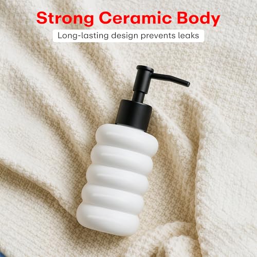 Image of Rioware Ceramic Soap Dispenser Hand Wash Bottles for Basin | Multipurpose Refillable for Liquid Shampoo, Kitchen, Bathroom, and Household Use | 300Ml, Pack of 1 - Round White