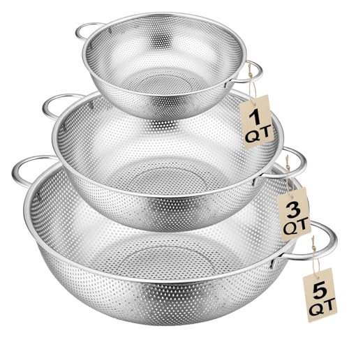 3-Piece Stainless Steel Colander Set with Handles - 5Qt/3Qt/1Qt Nesting Strainers for Pasta,