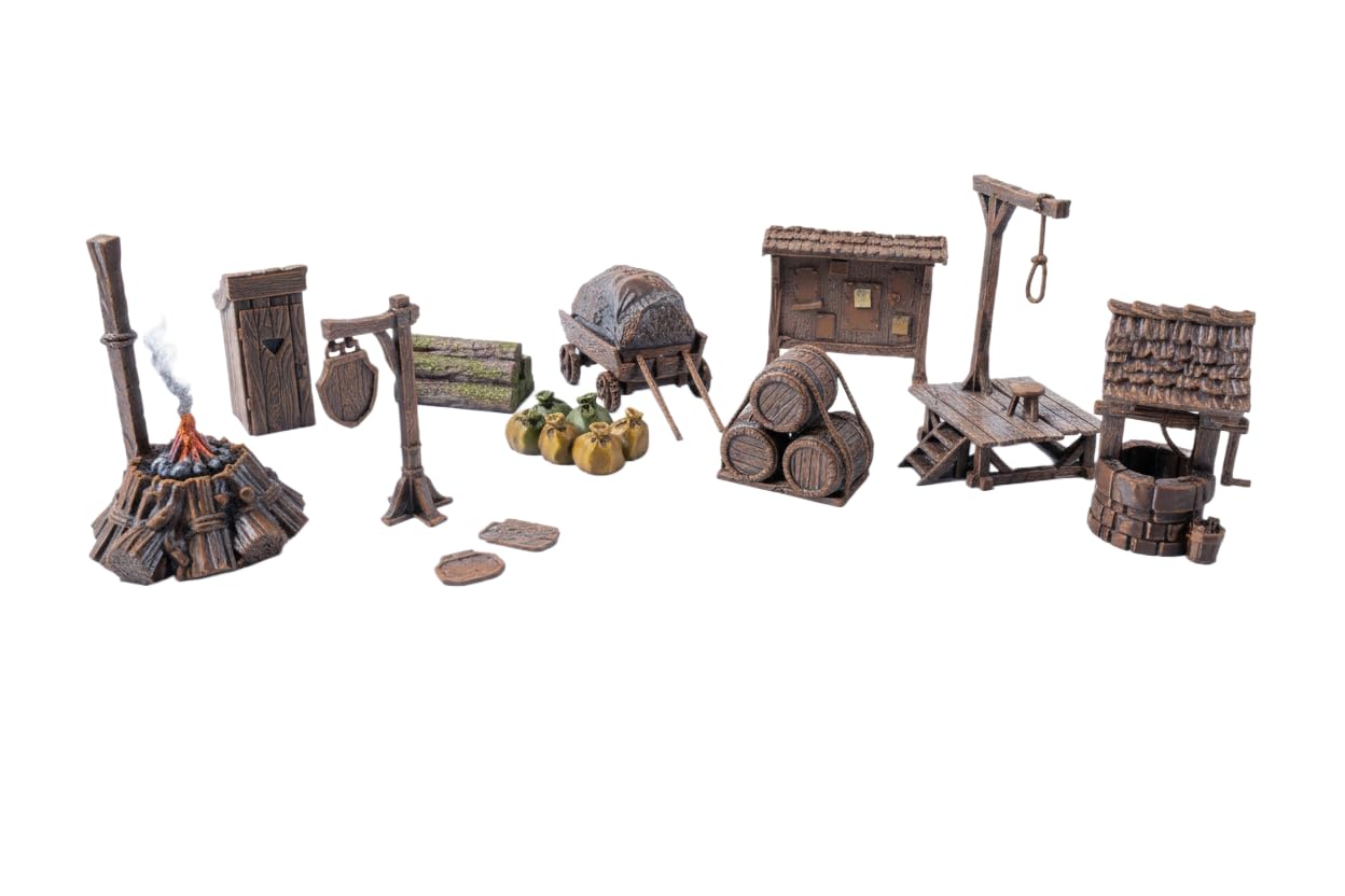 Zestaw artykułów miejskich – kompletne akcesoria do D&D, Warhammer, studni, toalety, szyldy, tablica gazet, wózek