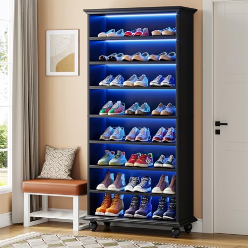 Tribesigns Narrow Tall Shoe Cabinet with LED Lighting, 9-Tier 30 Pairs Freestanding Shoes Storage Cabinet, Wood Shoe Organizer Cabinet with Solid Wooden Legs for Entryway (1, Black)