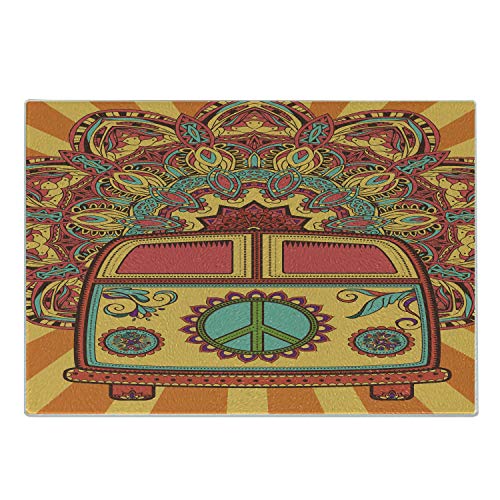 Ambesonne 70s Party Cutting Board, Hippie Vintage Mini Van Ornamental Backdrop with Peace Sign Artwork, Decorative Tempered Glass Cutting and Serving Board, Large Size, Coral Orange