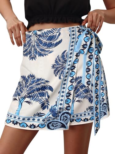 Ezcosplay Women Floral Wrap Short Skirt High Waisted Tie Side