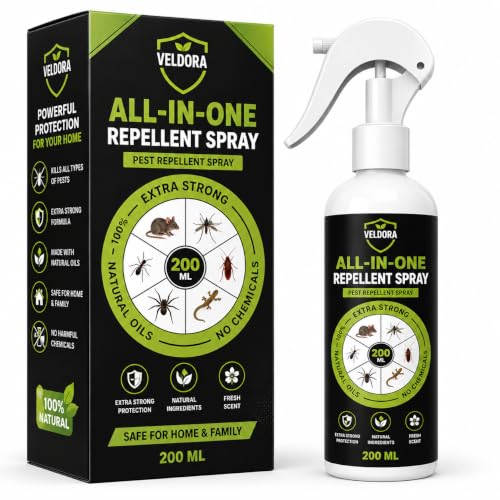 Image of VELDORA All-in-One Pest Repellent Spray (200ml) | 100% Plant-Based Essential Oil Formula | Natural Repellent for Lizards, Ants, Cockroaches & Mosquitoes | Skin-Safe, Baby-Safe, Pet-Safe (PACK = 1)