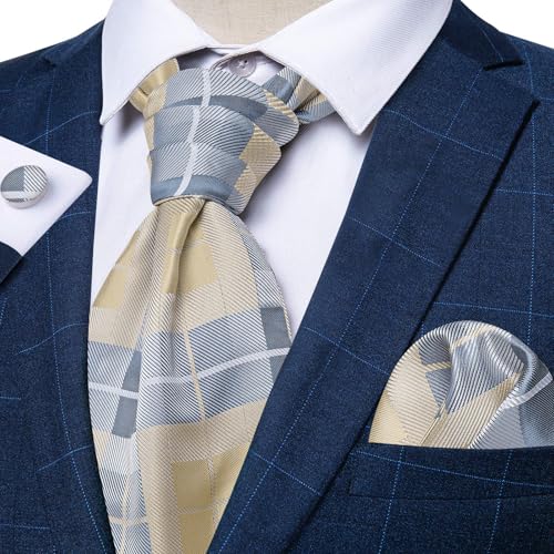 Image of DiBanGu 3PCS Ascot Ties for Men Wedding Jacquard Woven Silk Ascot Cravat for Men Cravat Tie and Pocket Square Set