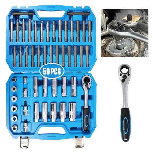 50 Piezas Herramientas para Amortiguador - PARAOUTIL Amortiguadores Coche con Trinquete de Absorción de Choque Kit de Llave de Vaso para Extracción de Tuerca Pasante (Par
