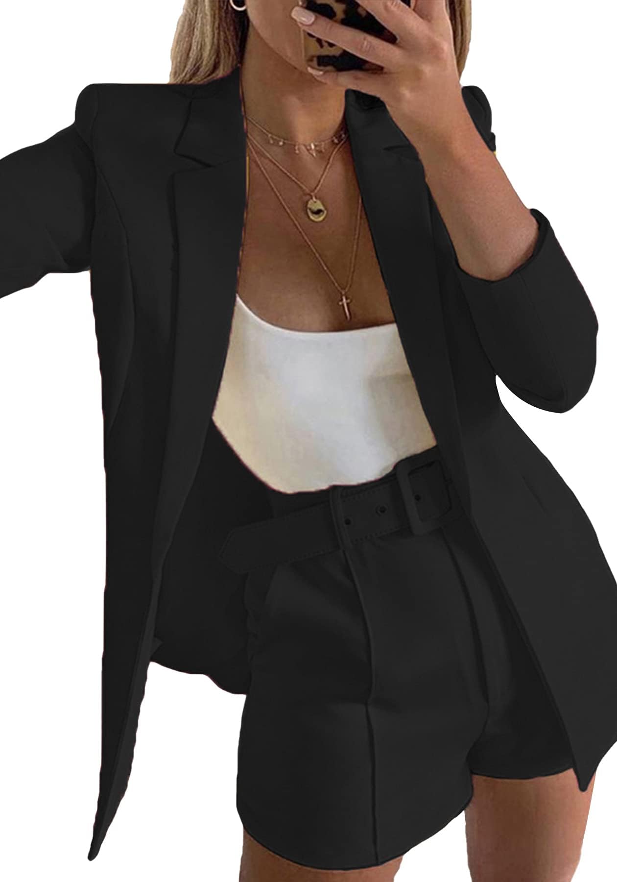 HuiSiFangWomens 2 Piece Outfits Casual Long Sleeve Solid Color Blazer Jacket & Shorts Suit Set Clubwear