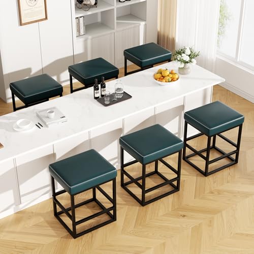 Image of Bar Stools Set of 6, 24in Counter Height Barstools, Faux Leather Counter Stools with Thick Square Seats & Sturdy Metal Base, Modern Bar Chairs for Kitchen Island (Navy Blue)