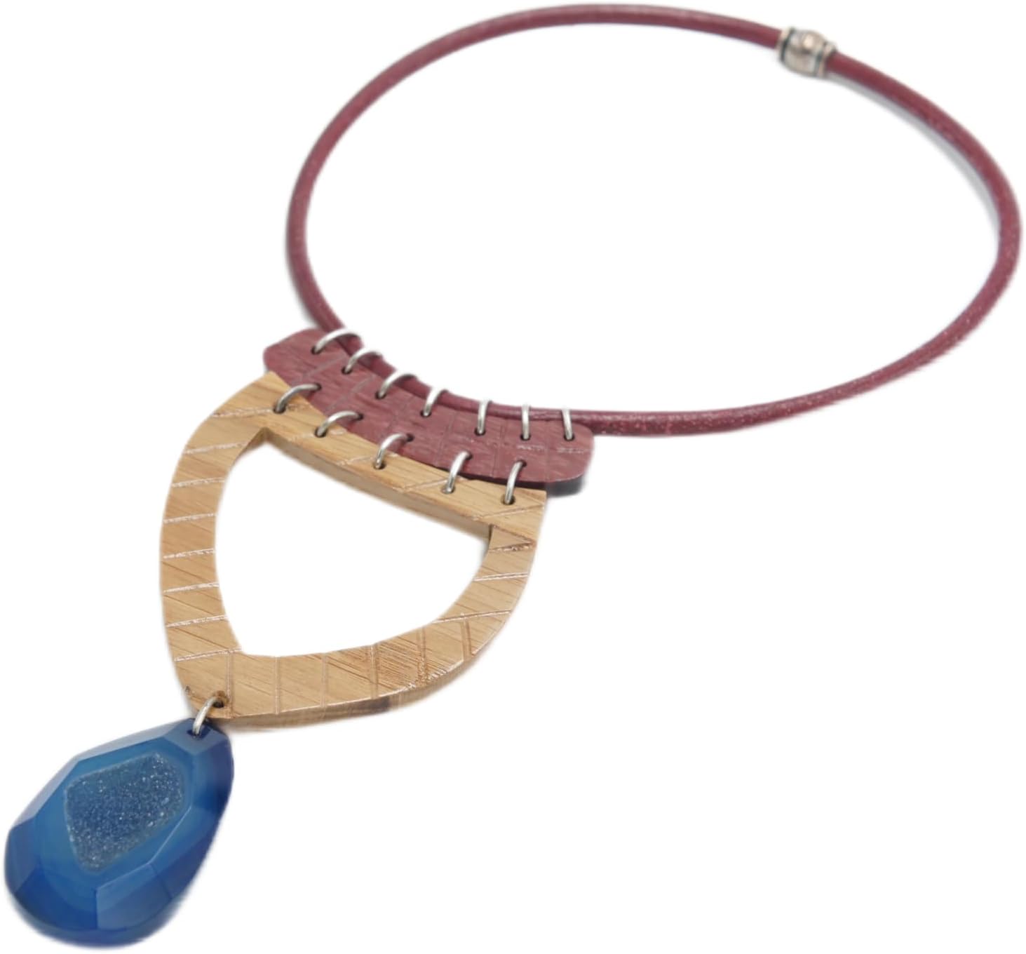 Unique Handcrafted Necklace: Leather, Oak and Purpleheart Wood, Blue Agate Pendant