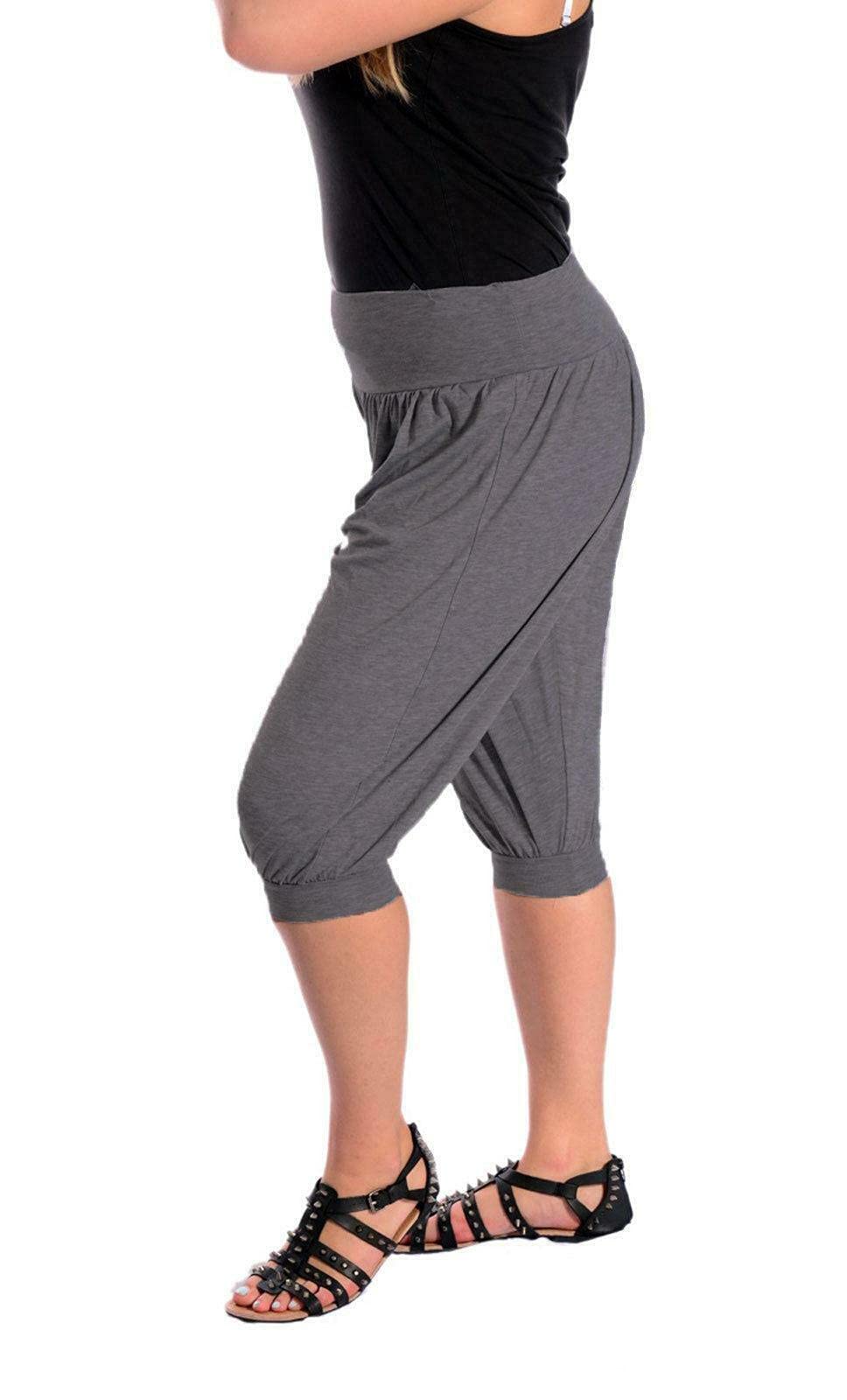 Wearall Women's Charcoal Plus Size Cropped Harem Trousers 3/4 Plain Baggy Pants 20-22