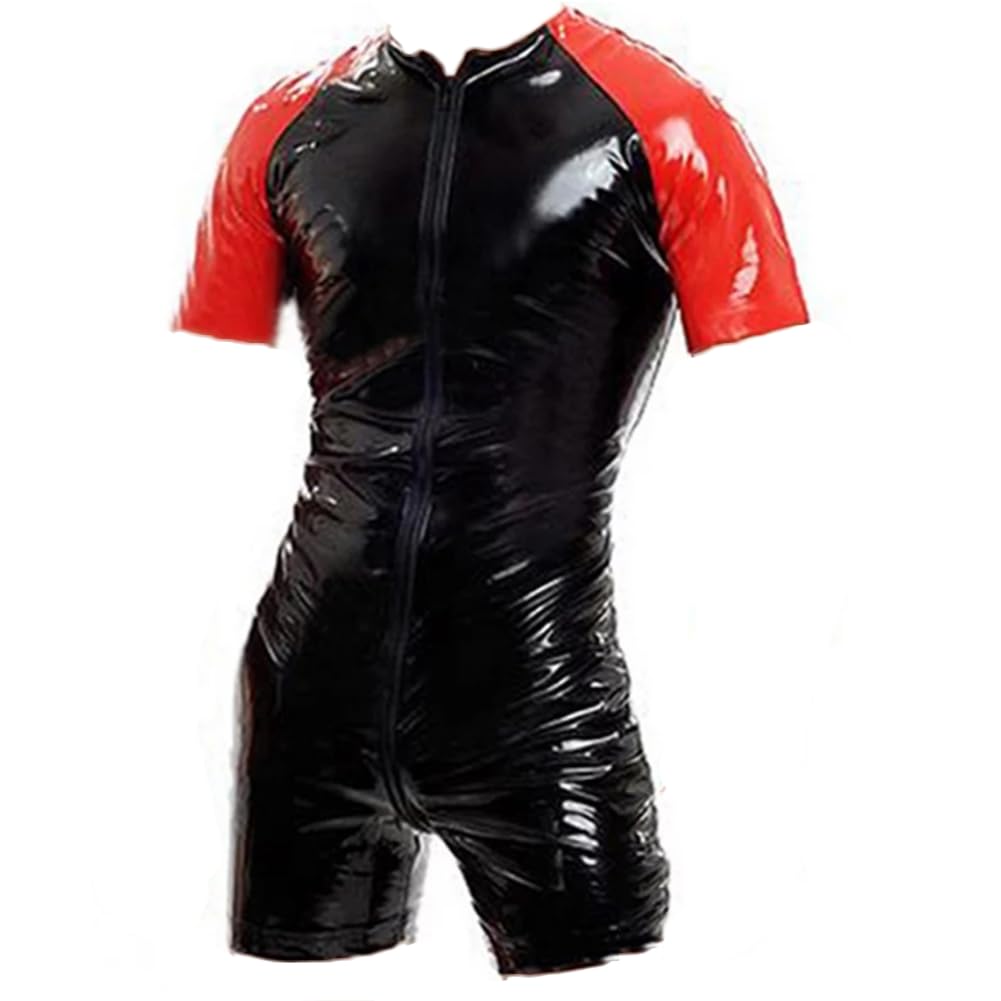 Xyffybhsd Men's Black Wetlook Leather Catsuit Bodysuit One-Piece Front Zipper Leotard Playsuit Jumpsuit(Size:5xl,Color:black)