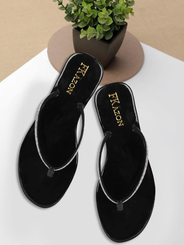 Image of Women's Stylish Flat Sandals - Elegant Flip-Flops with Sparkling Strap|FK 804 BLACK