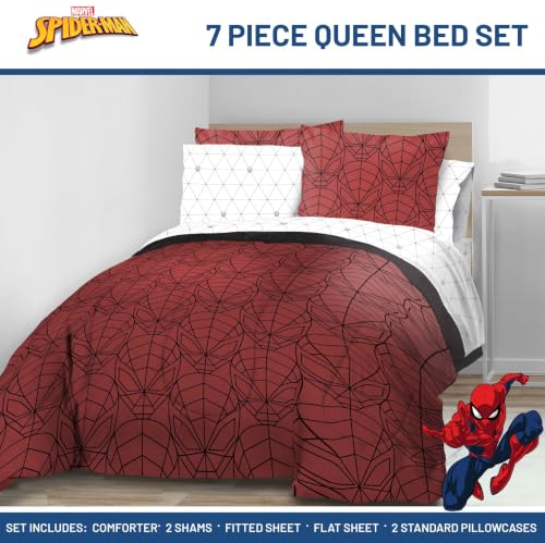 Image of Marvel Spiderman Queen Comforter Set 7 Piece Bedding for Boys, Red