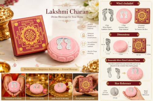 Image of Divyakosh Silver Plated Lakshmi Charan Paduka Pair with Ceramic Base, Laxmi Footprints & Divine Footsteps for Home Temple, Mandir Pooja, Hawan, Diwali Gift, Premium Box Pack. Must for VAR MahaLaxmi |